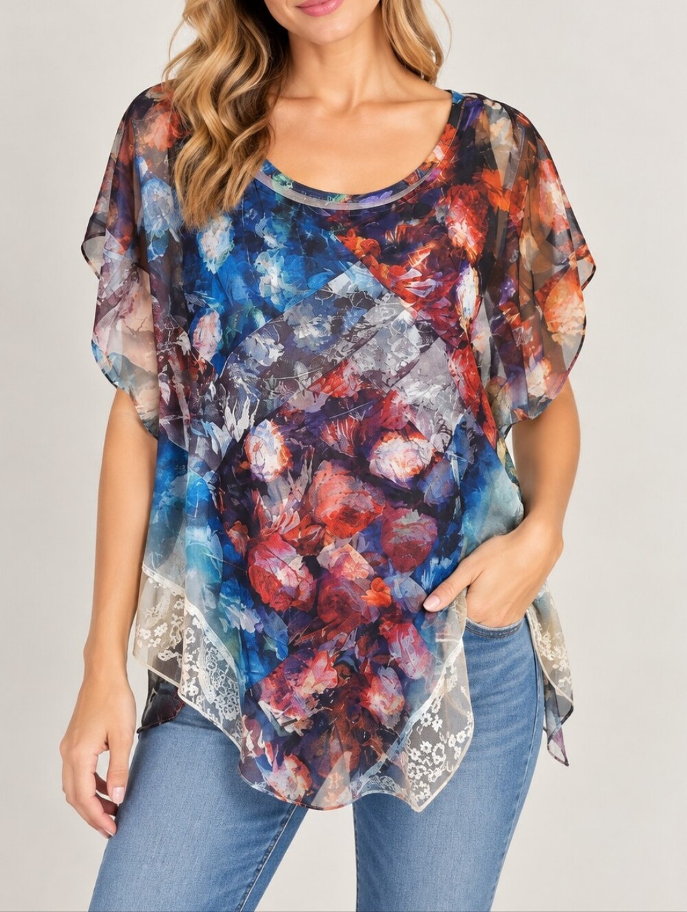 ENERGE | Women's Multicolor Floral Sheer Overlay Lace Blouse & Tank NWT Size L